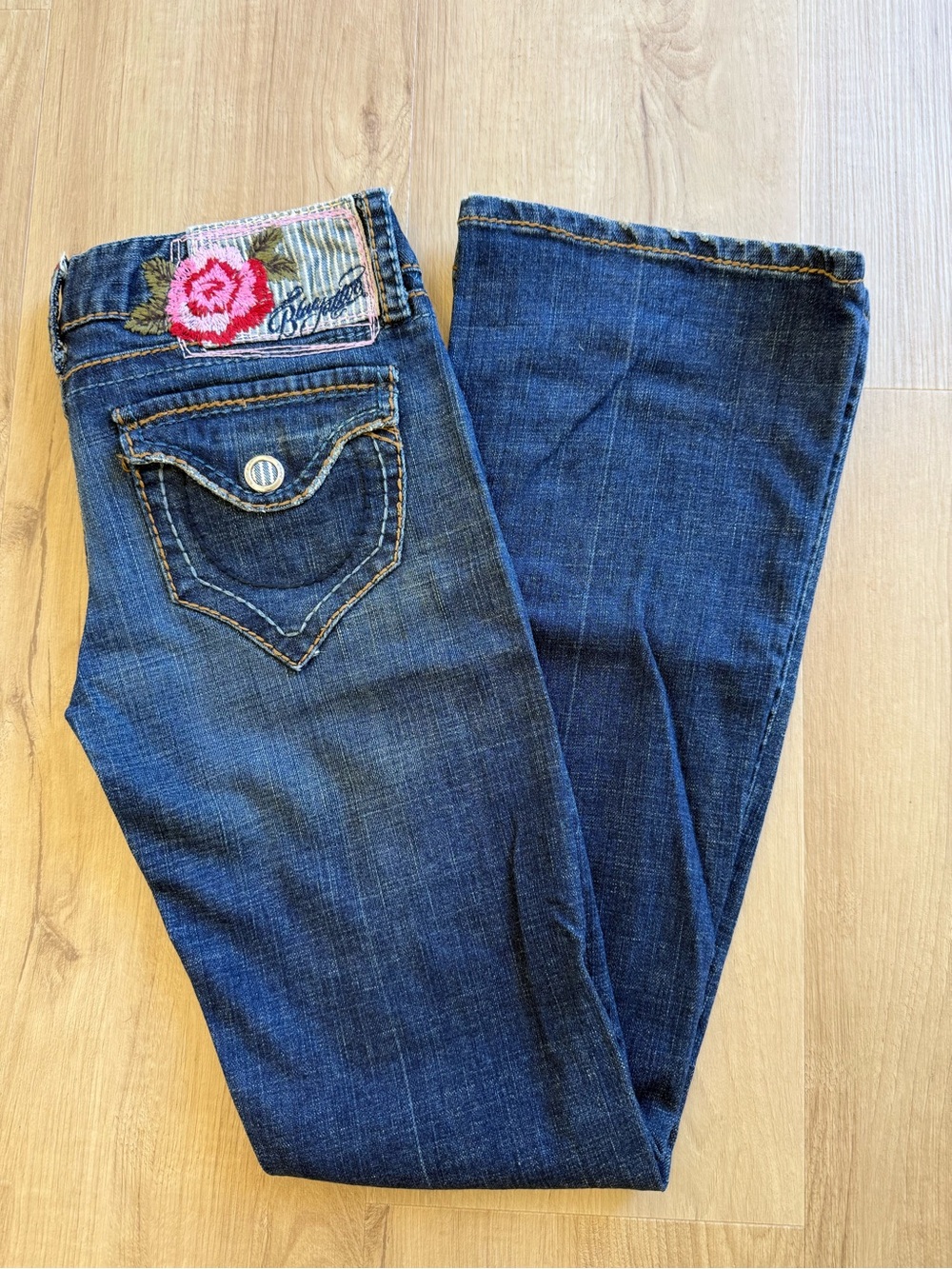 Dark Blue Embroidered Patch Flare Jeans for Women